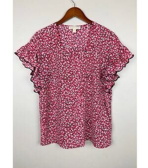 Michael Michael Kors Blouse Short Sleeve Pink Floral Top Women's L